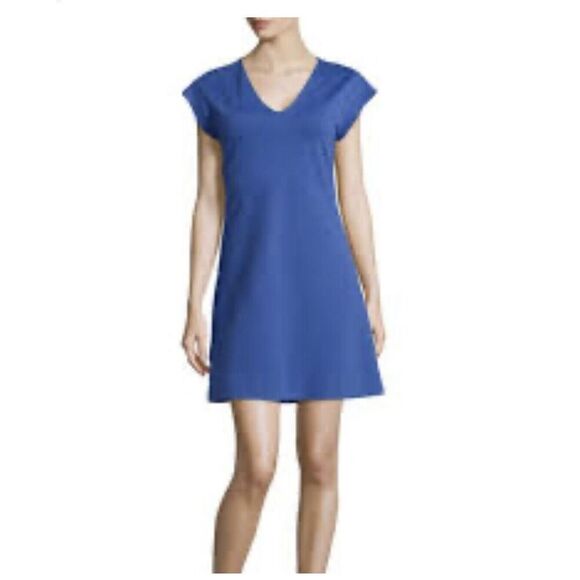 Kate Spade Women 0 Ponte Knit Mini Sheath Dress Blue Stretchy V Neck Cap Sleeves - Picture 1 of 9